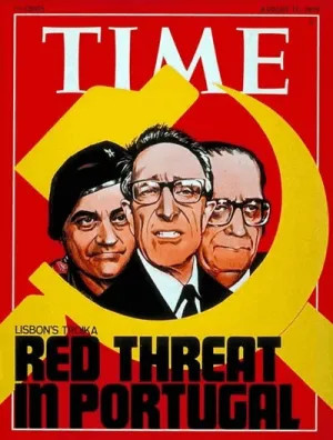 Capa da revista “Time” relatando a ameaça vermelha em Portugal, na capa Otelo Saraiva de Carvalho, Vasco Gonçalves e Costa Gomes